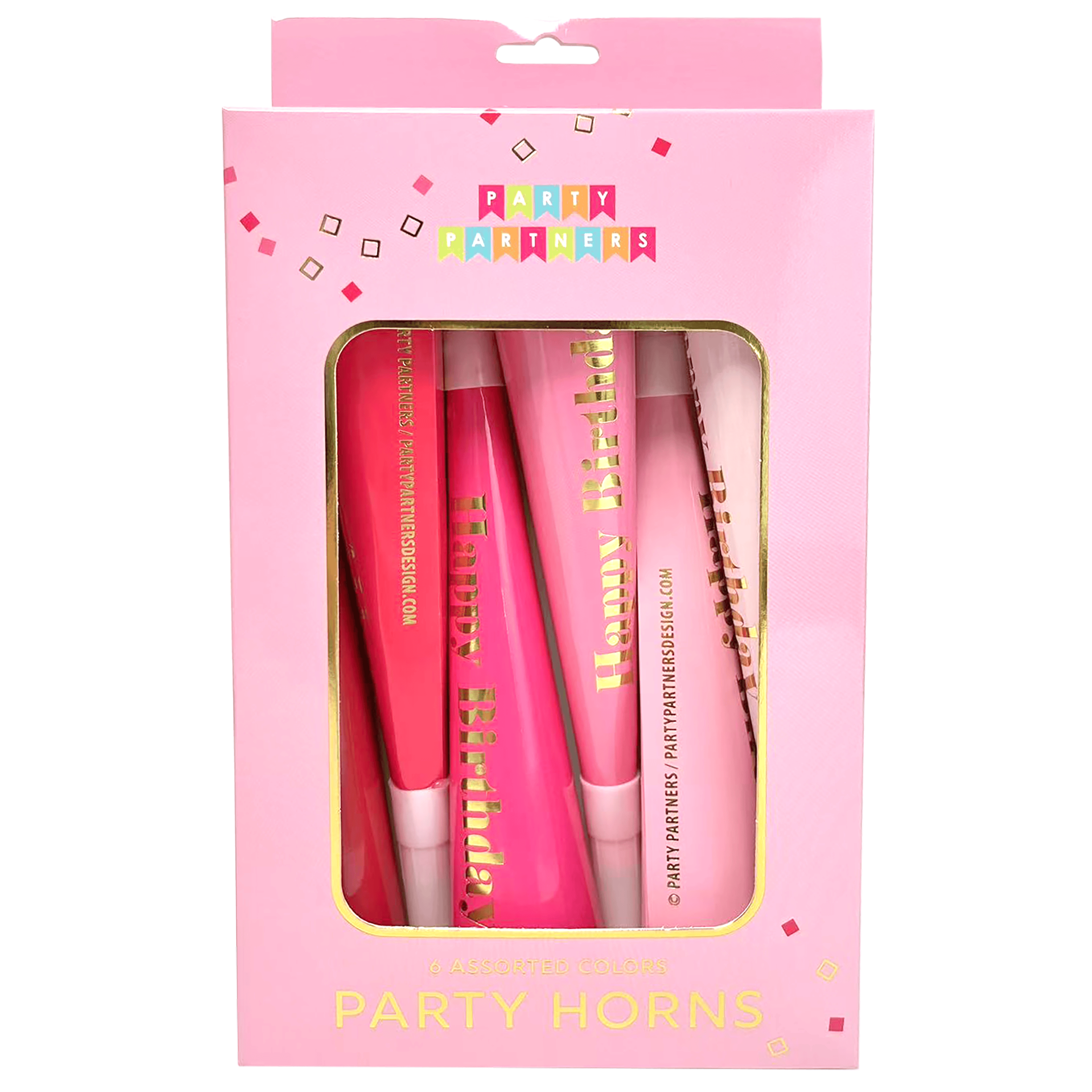 Pink scalloped striped Tooters birthday party decorations by Pictura, featuring colorful, festive paper banners with a cheerful design.